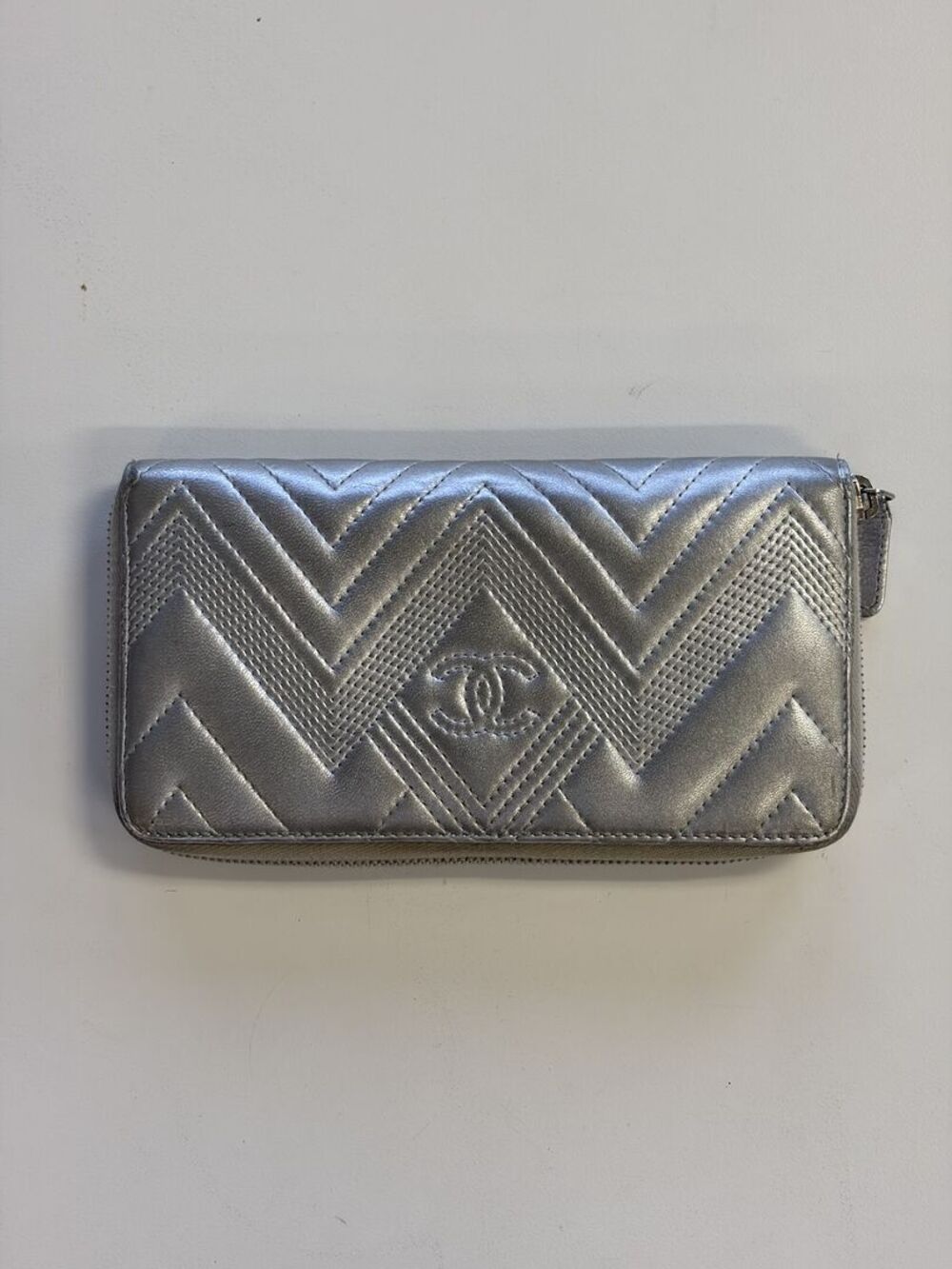 Chanel Silver Metallic Chevron Quilted Lambskin Zip Around Wallet